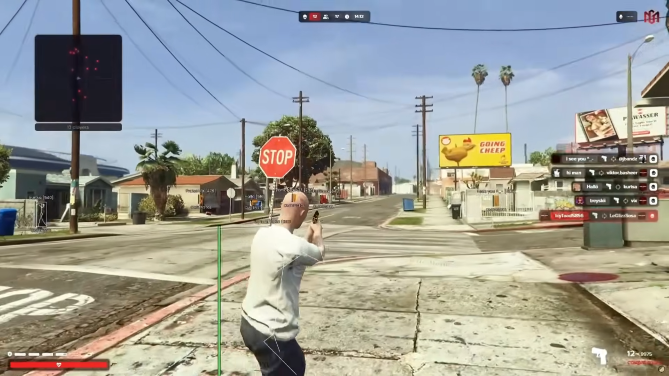 FiveM cheat skeleton ESP with aimbot FOV circle locked on a distant player