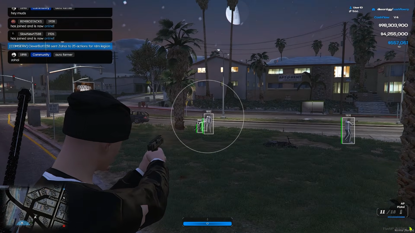 FiveM cheat player ESP showing name tags, health bars, and distances through city buildings